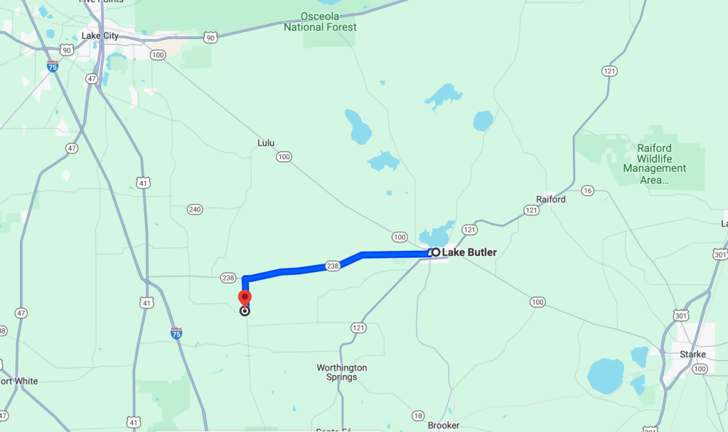 Union County map with Lake Butler marked