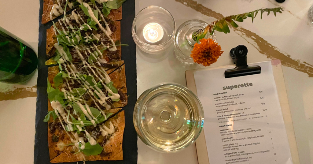 Superette Wine + Provisions menu and short rib flatbread
