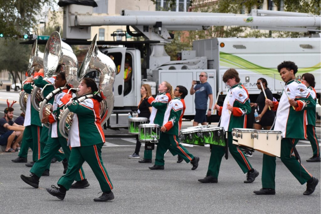 The Eastside High School marching band at A Very GNV Holiday Parade on Saturday.