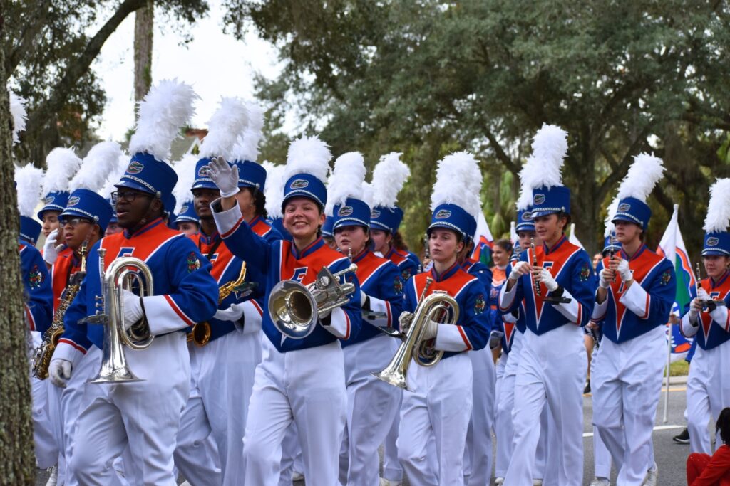 The Florida Gators marching band at A Very GNV Holiday Parade on Saturday.