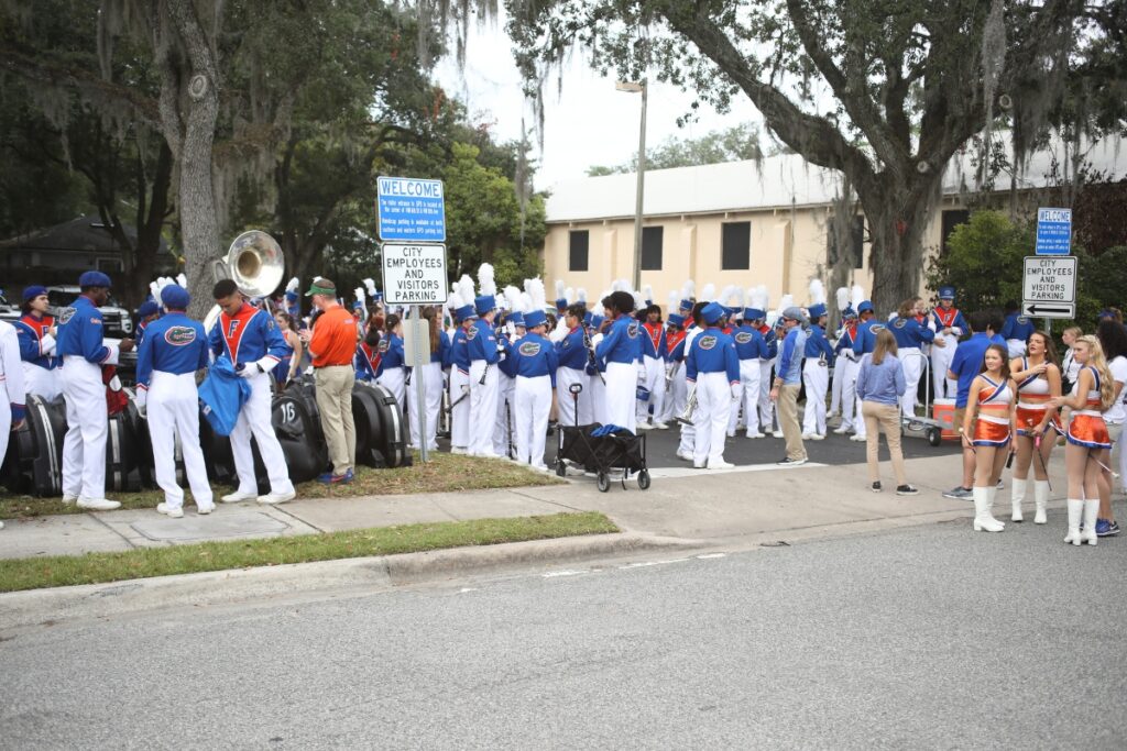 The Florida Gators marching band preparing for A Very GNV Holiday Parade on Saturday.