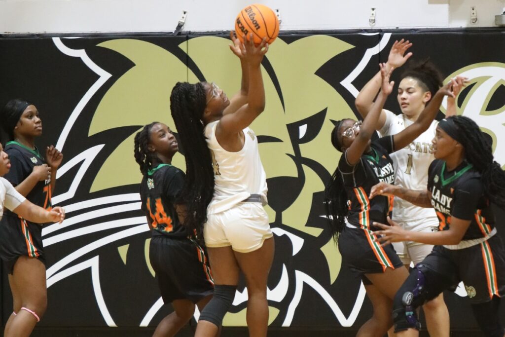 Buchholz's Tionna Wilkinson with rebound for a putback basket against Eastside.