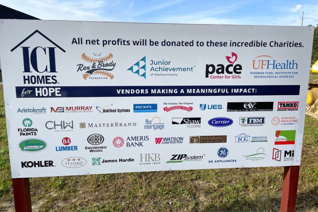 List of ICI Home's partnering vendors and the charities benefiting from the project.