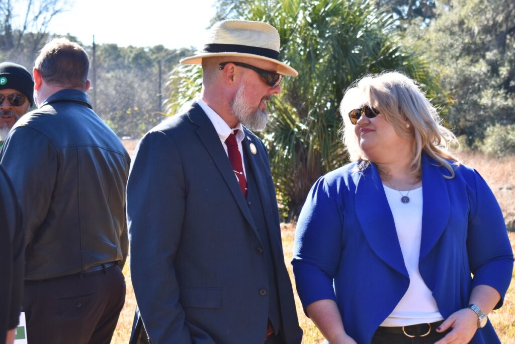 Newberry Mayor Jordan Marlowe and Representative Kat Cammack talk after the groundbreaking on Thursday.