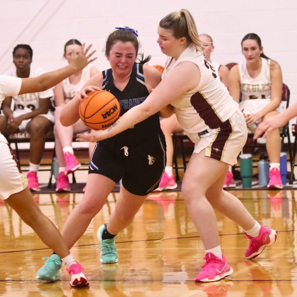 Oak Hall's Harper Wooley fouls St. Francis Catholic's Natalia Winans on a drive to the basket.