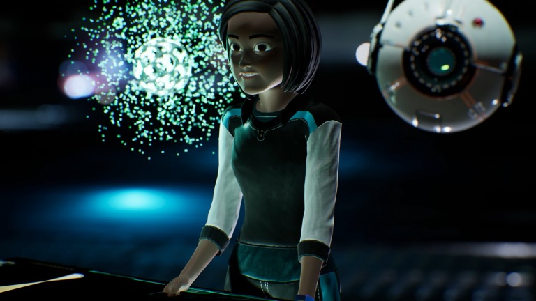 Gaia and CAaLVIN interact with the control panel in a scene from “TreeTender 2.”