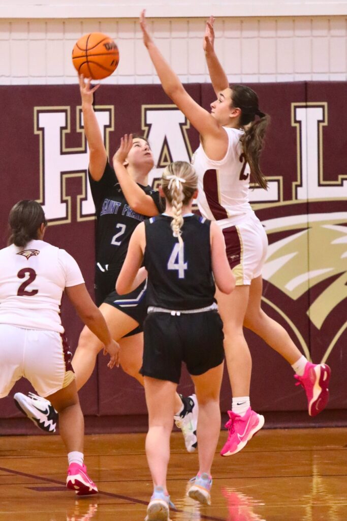 t. Francis Catholic's Faith Fariborzian attempts a shot against Oak Hall's Mary Pizzurro.