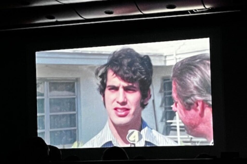 Carlos Alvarez is interviewed as a Gator sophomore in a clip from the documentary, The All-American Cuban Comet, at its theatrical premiere Wednesday at the University of Florida.