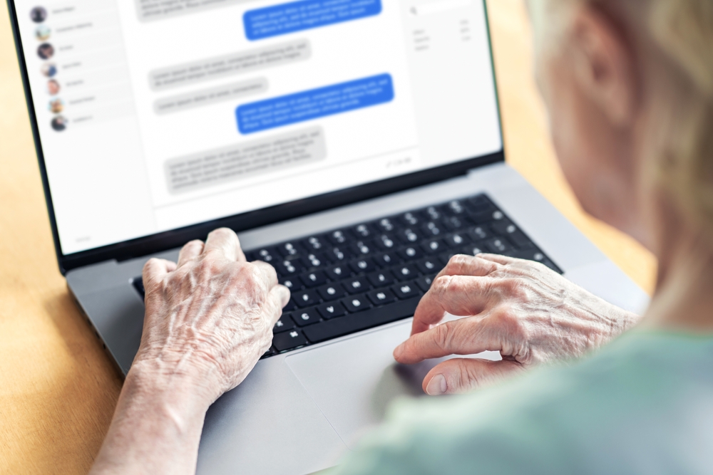 old woman chat message love on laptop