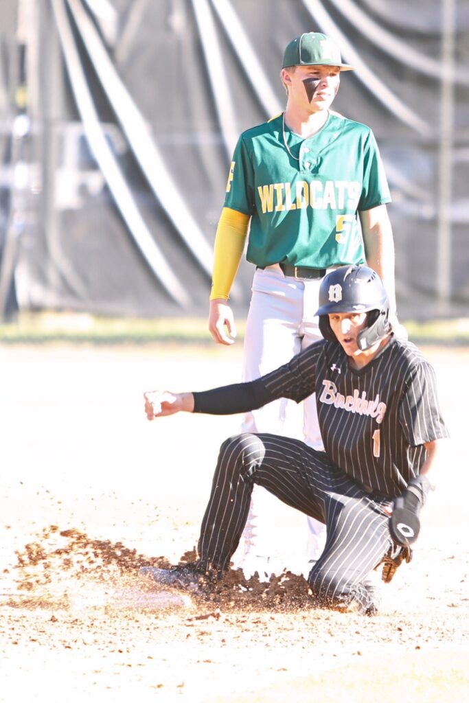 Buchholz's Cooper Collins with a first inning stolen base against Forest.