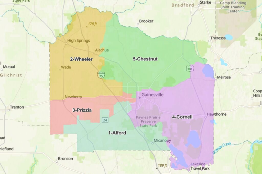 Map showing the Alachua County Commission districts.