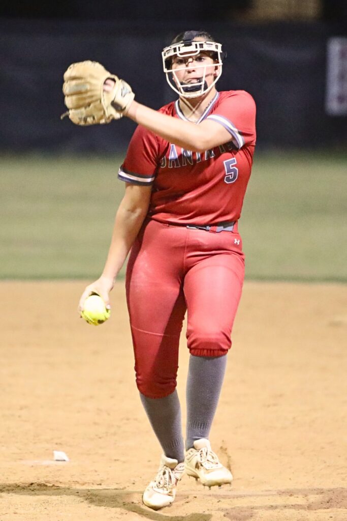 Santa Fe pitcher Sarah Burns struck out six batters in an 8-5 win at Gainesville.