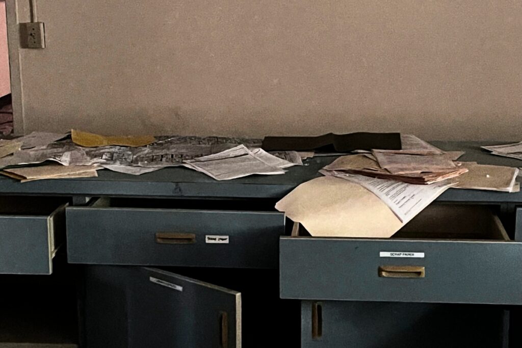 School paperwork on desk at the old Terwilliger Elementary School.