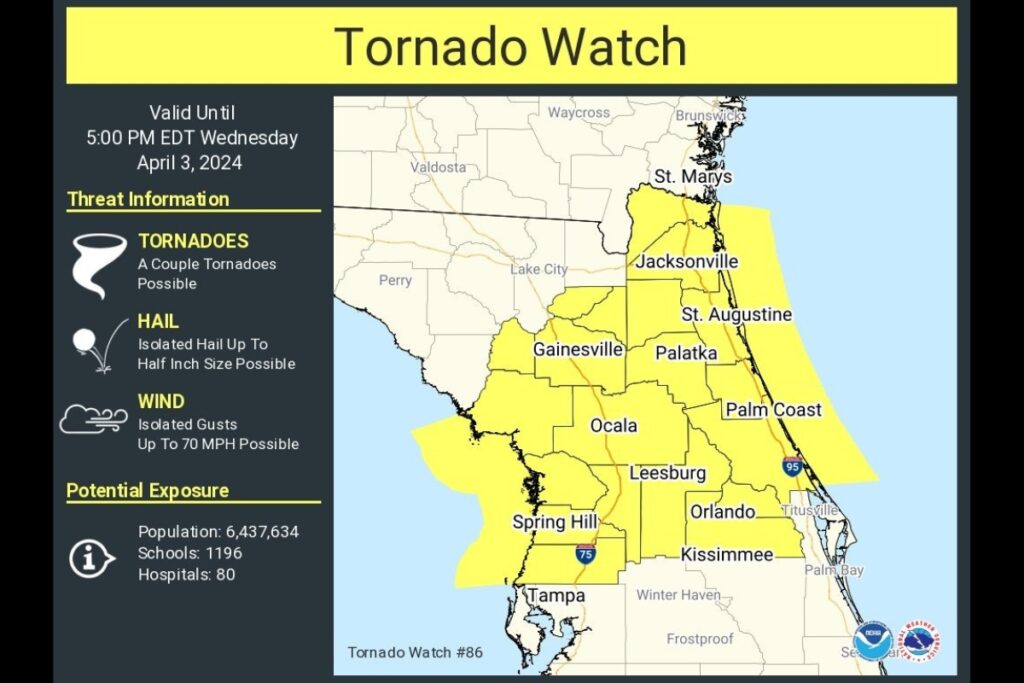 The National Weather Service in Jacksonville issued a tornado watch that will be in effect through 5 p.m. on Wednesday.