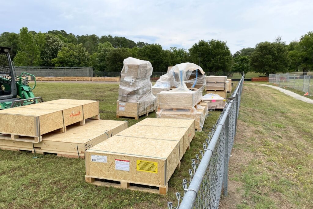 A staging area for supplies during construction at Veterans Memorial Park.