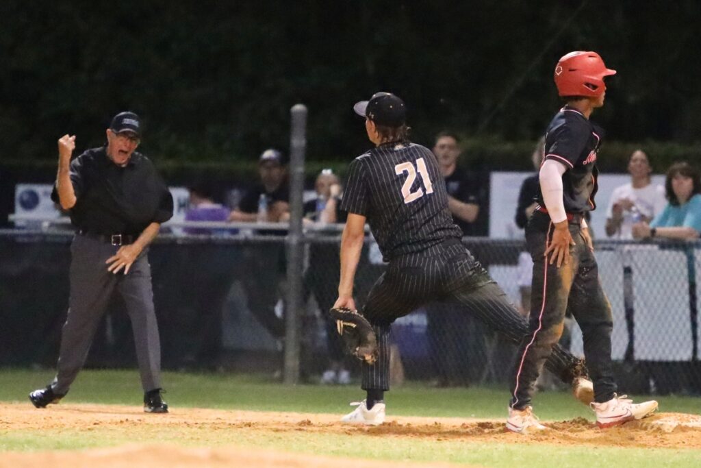 Buchholz's Anthony Wilkie gets a New Smyrna Beach player out at first base after right fielder J.J. Gardner caught a pop fly and threw to Wilkie to complete a double play in a Class 6A-Region 1 Quarterfinal win on Tuesday.