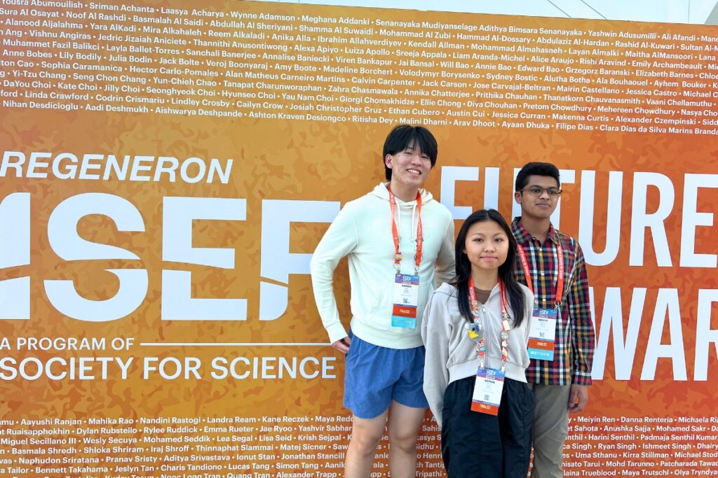 (From left) Nathan Wei, Sophia Rong and Abhith Kasala participated in the Regeneron International Science and Engineering Fair held on May 11-17 in Los Angeles.
