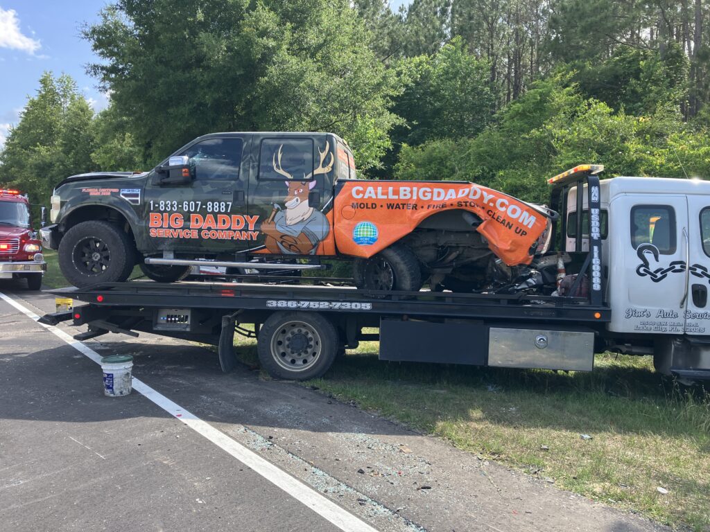 The 44-year-old Lake City man was taken to UF Shands and his truck was towed away. 