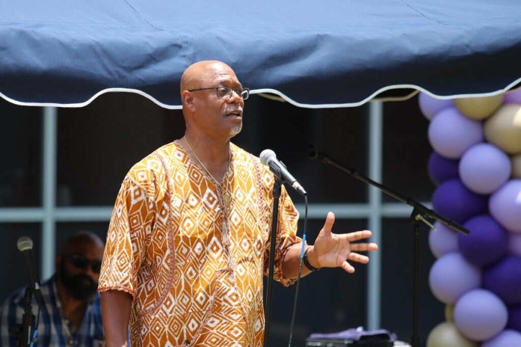 Dr. Kenneth Nunn speaks at the grand opening of Alachua County soil jar exhibit honoring lynching victims. 