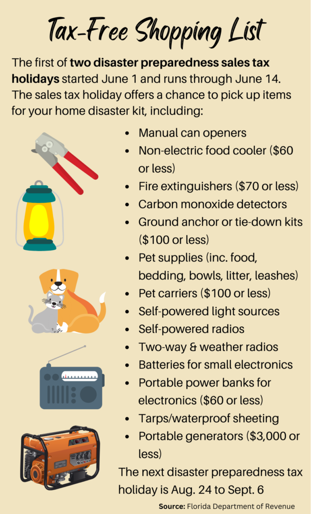 Florida will have two disaster preparedness-related tax holidays this summer. The first runs from June 1 to June 14.