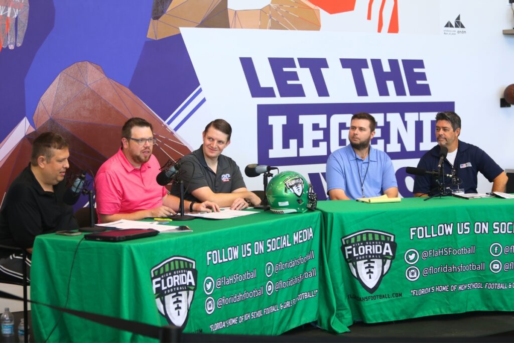 Mainstreet Sports Director Mike Ridaught (far right) and correspondent Marty Pallman (far left) joined FloridaHSfootball.com's Josh Wilson (pink shirt), WCJB's Jake Rongholt and Levy County Citizen's Nick Anshultz.