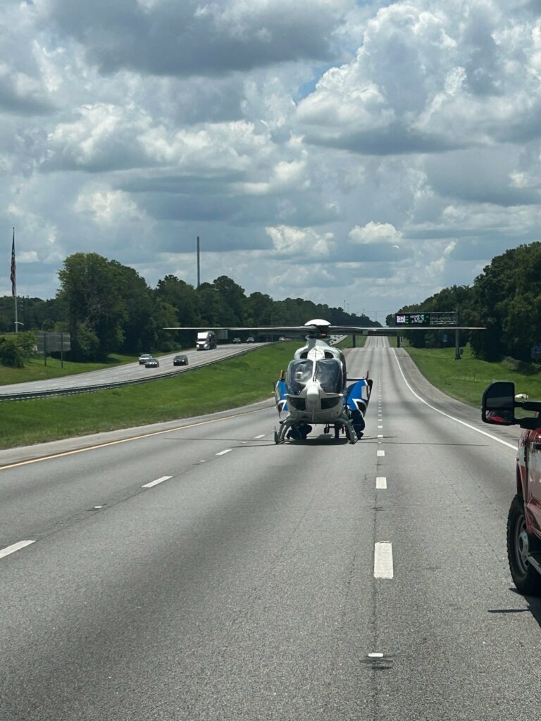 A UF Health Shands helicopter awaiting a patient transport.