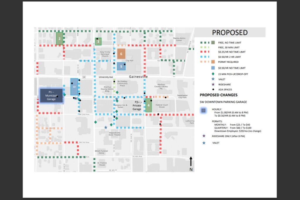A Gainesville map showing the new parking system.