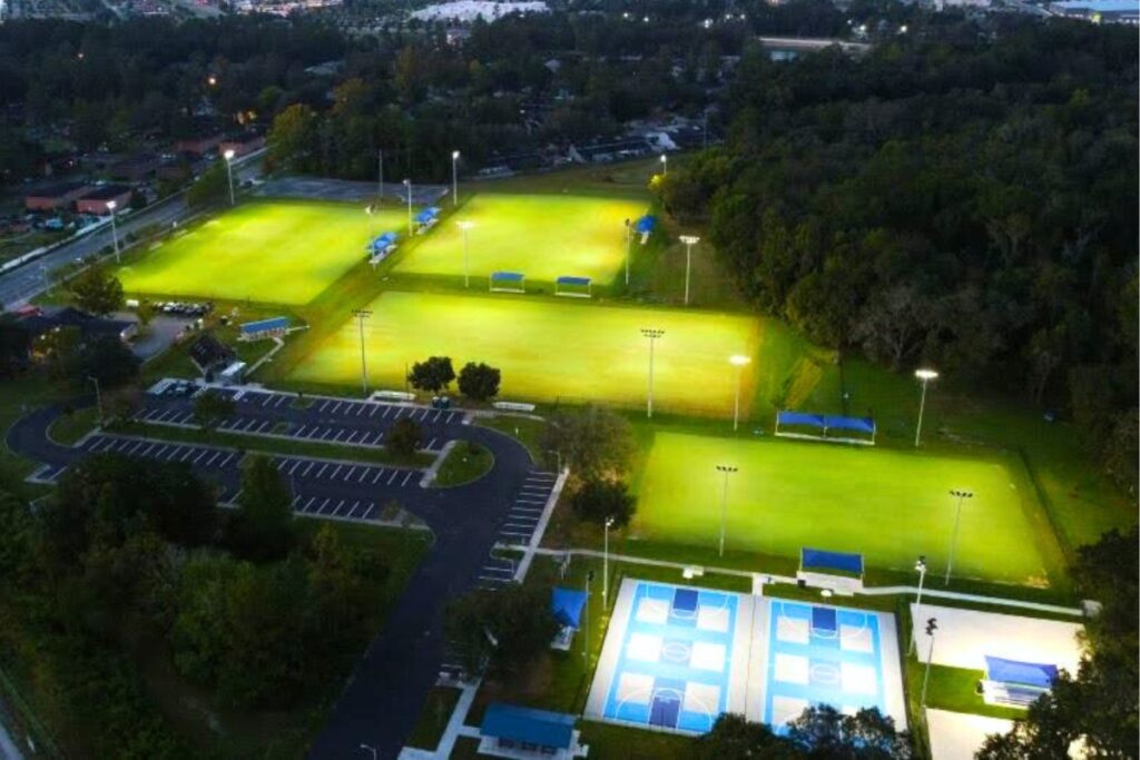 An aerial photo taken of newly renamed Abby Wambach Park in Gainesville.