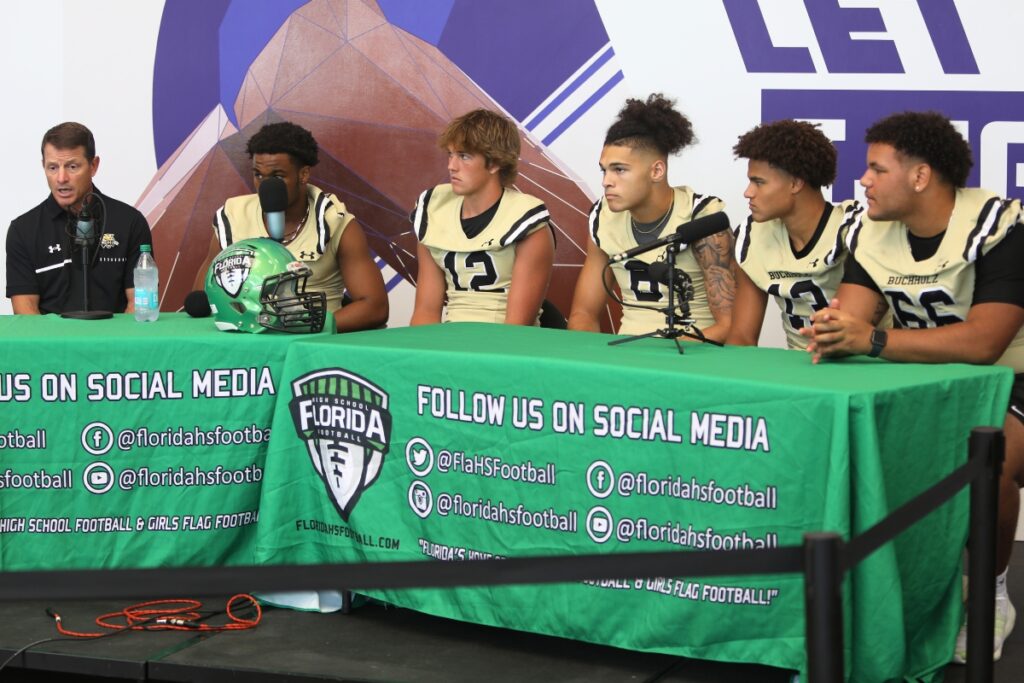 Buchholz, which welcomed the return of head coach Mark Whittemore, defeated Spruce Creek, 7-2, in Port Orange on Thursday night in its Kickoff Classic. (From left) Buchholz head coach Mark Whittemore, R.J. Livingston, Trace Johnson, Nick Copeland, Justin Williams and Kain McDonald at the North Central Florida High School Media Day on July 17.