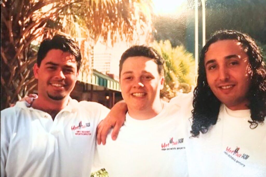 (From left) Mike with Donny Attilio and Nelson Cano on Hot Talk 1430 AM prior to the three doing a 'live' broadcast jumping out of an airplane in 2000.