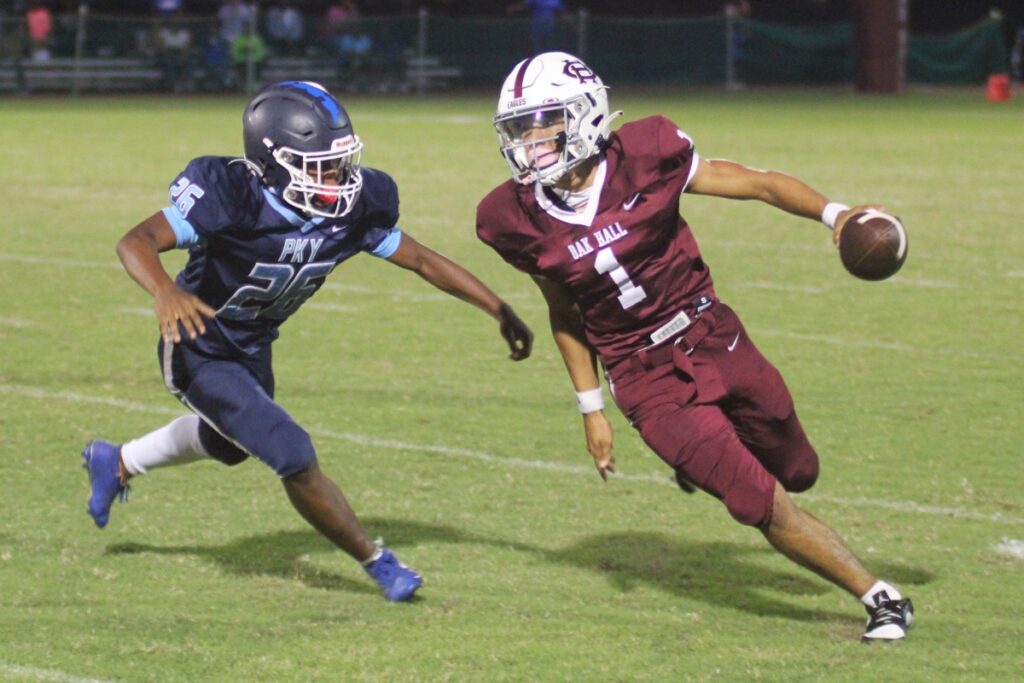Oak Hall quarterback Dakota Brower (1) passed for 1,215 and 12 TDs in 2023.