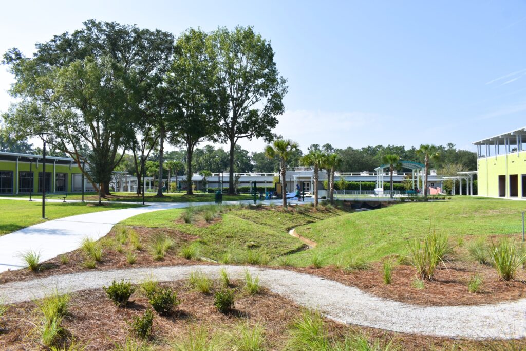 Scorpio Construction was careful to preserve the trees in the center courtyard of the campus.