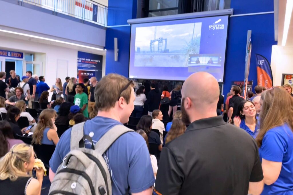 UF students and faculty gathered to cheer on Rob Ferl and his space experiment.