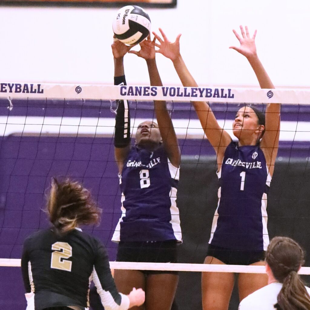 Gainesville's Jorryn Dye (8) and Jacey Carter-Mitchell (1) go for a block against Buchholz's Jovanna Pettigrew on Monday.