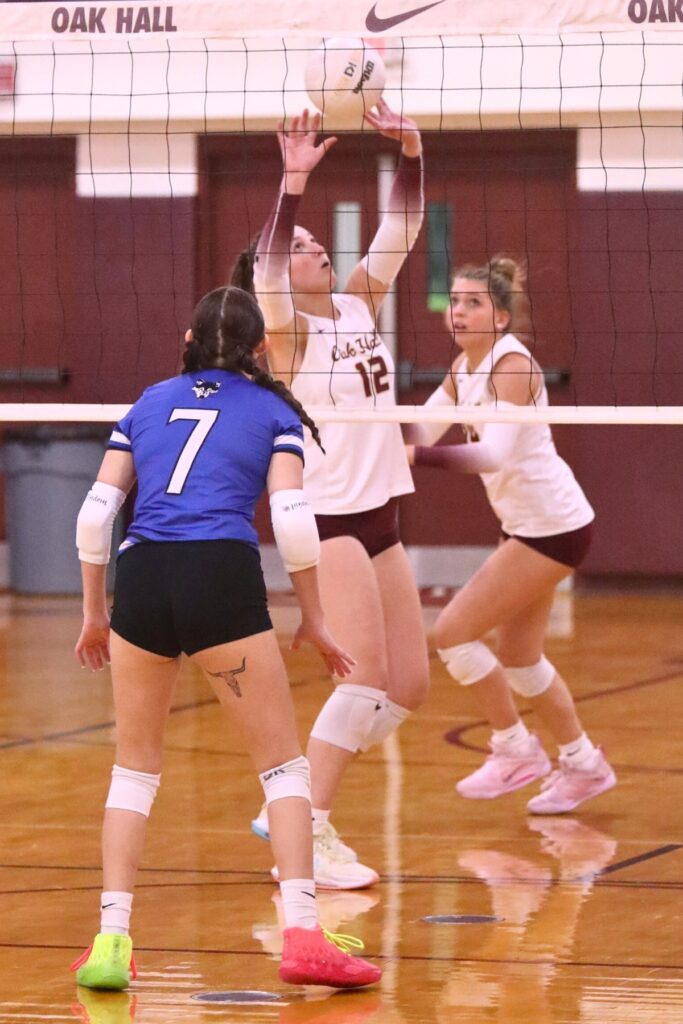 Oak Hall's Cassidy McDonald with a tip against St. Francis Catholic Academy on Tuesday.
