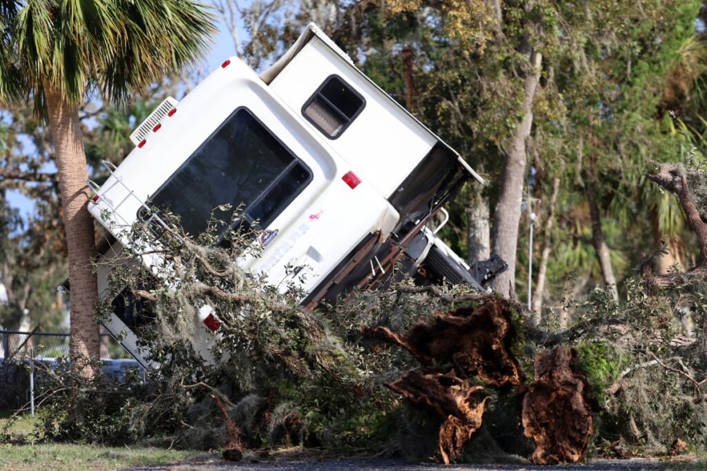 A motor home lays on its side in Steinhatchee. 