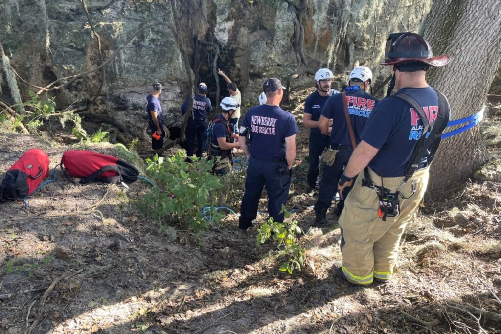 Emergency responders from Newberry Fire Rescue and Alachua County Fire Rescue extricated a newborn calf from a cave on Saturday morning.
