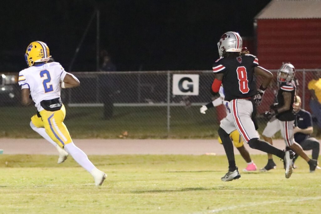 Newberry's Kaleb Woods (2) gets behind Williston's Maverick Jones (8) for a second quarter touchdown reception.