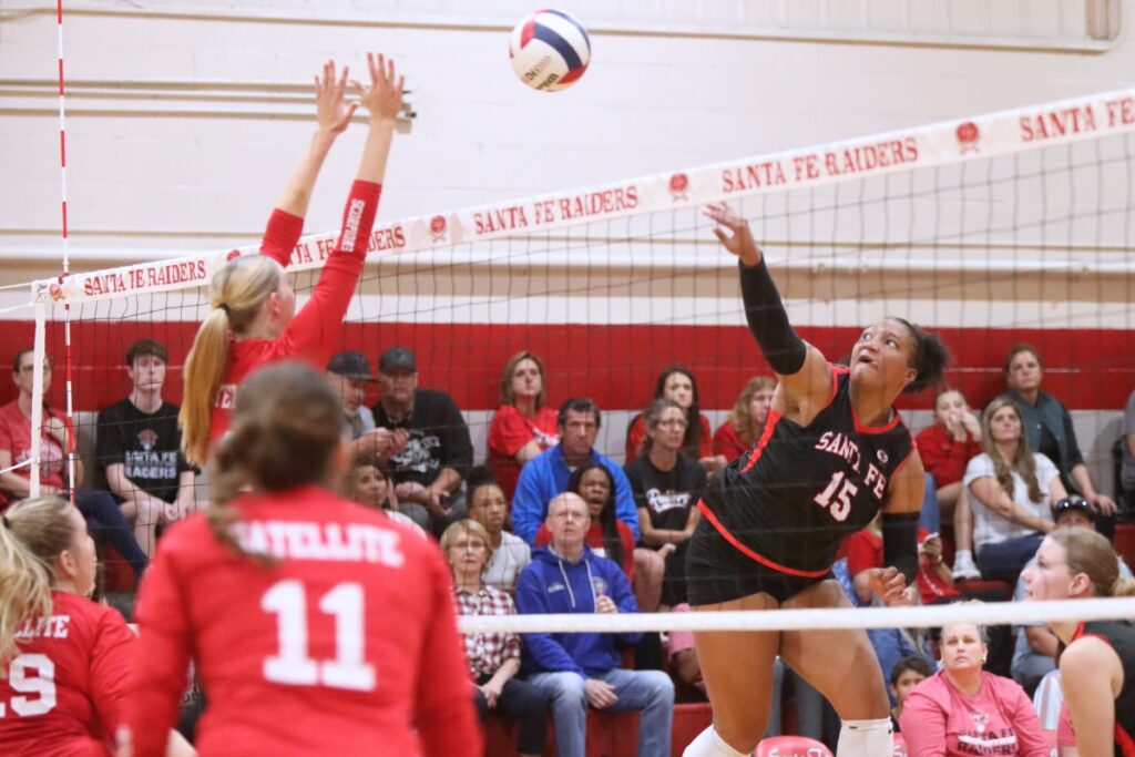 Santa Fe's Gia McGrew (15) with a hit against Satellite in the Class 4A Region 2 Quarterfinals.