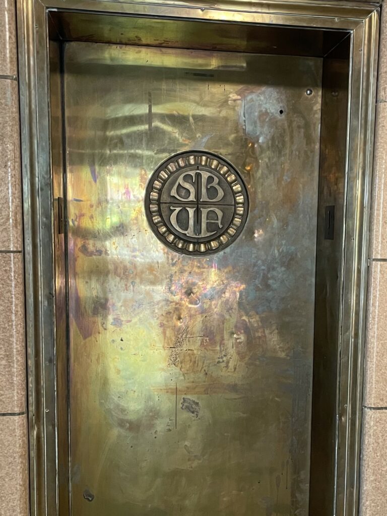 The Seagle Building's two elevators feature 'SBUF' for Seagle Building, University of Florida. Photo by Seth Johnson