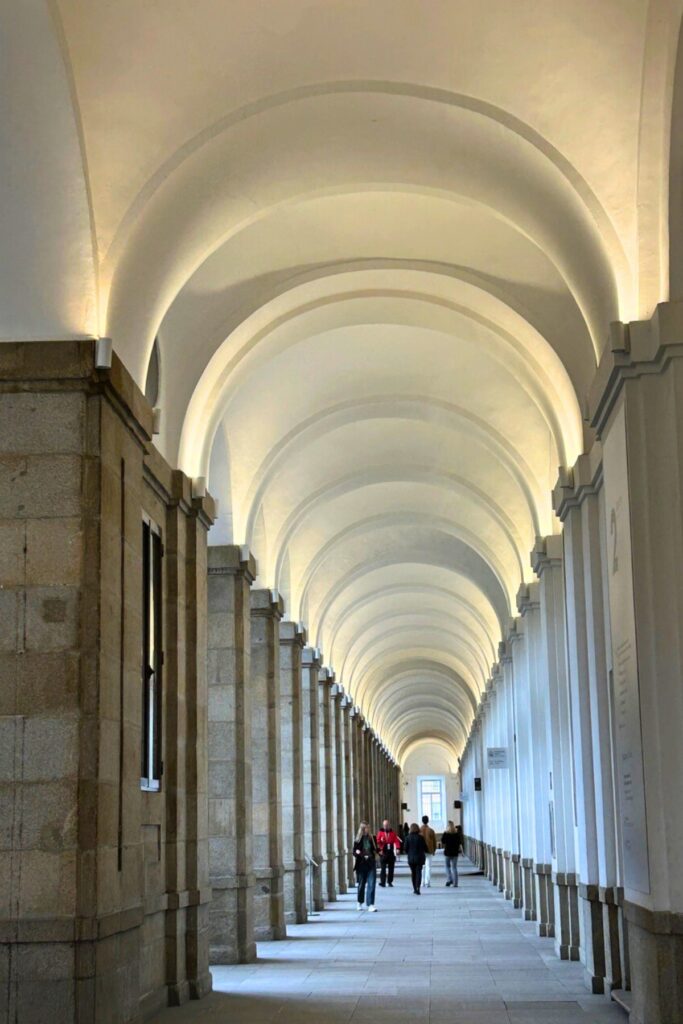 A long hallway to the galleries in the Reina Sofia Museum in Madrid, Spain.