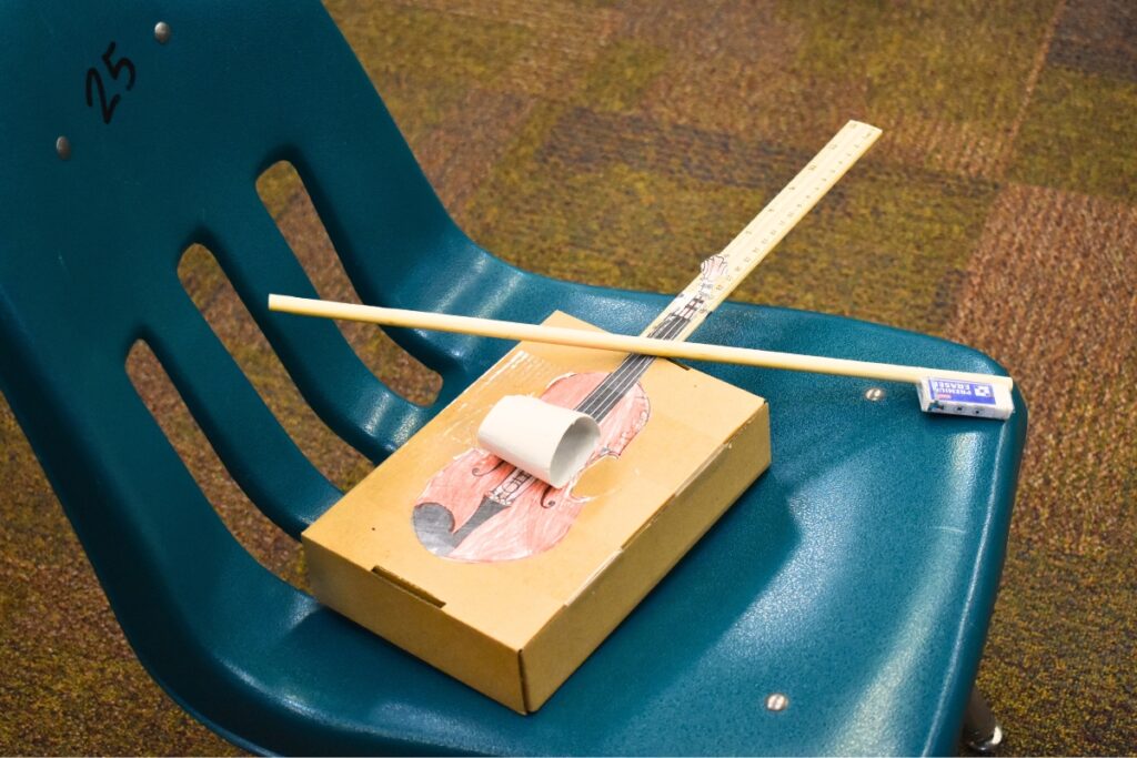 A practice violin, which students used for the first month or so to learn how to hold the instrument.