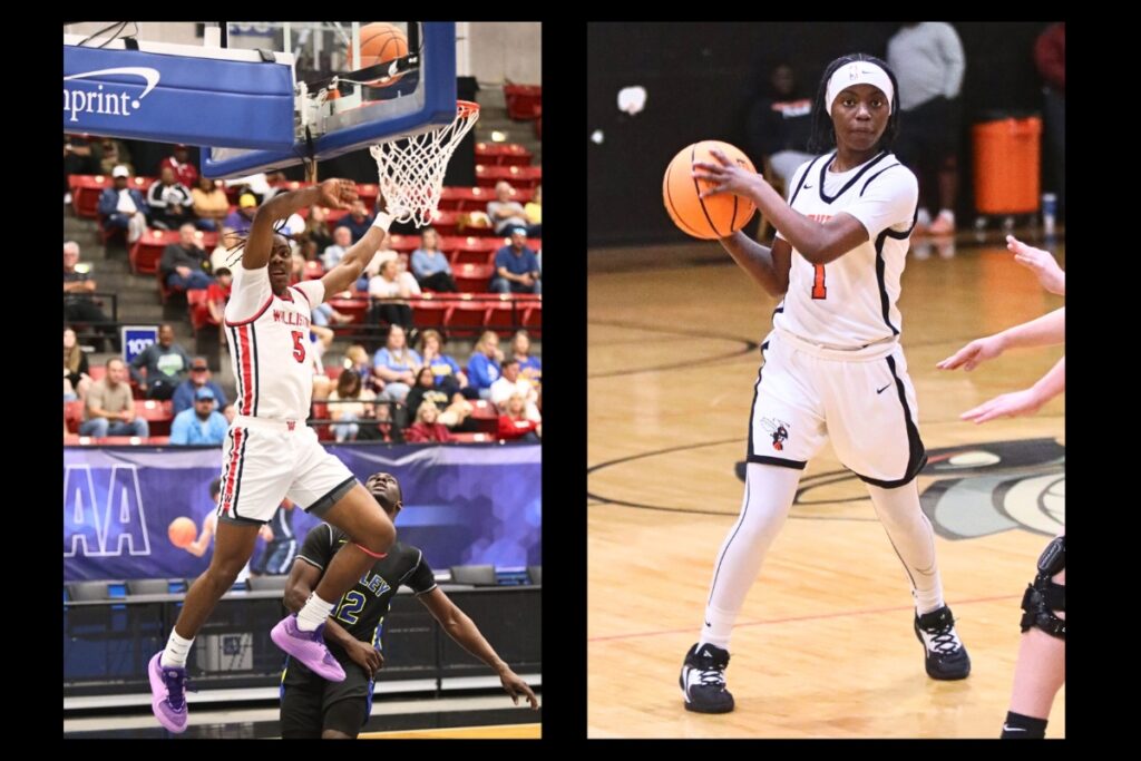 Williston's Deandre Harvey (left) and Hawthorne's De'Mya Adams (left) return from helping their teams to back-to-back Class 1A boys and girls state championships. Photos by C.J. Gish