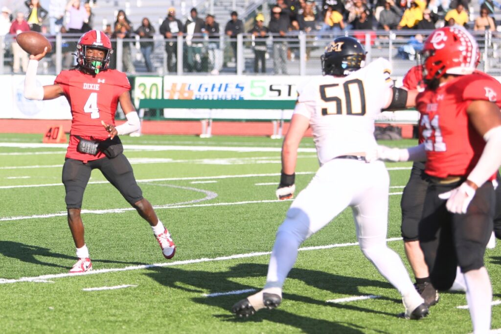 Dixie County's Drew Pleasant (4) looks downfield in the fourth quarter against Fort Meade in the Florida Rural Invitational Tournament championship game.