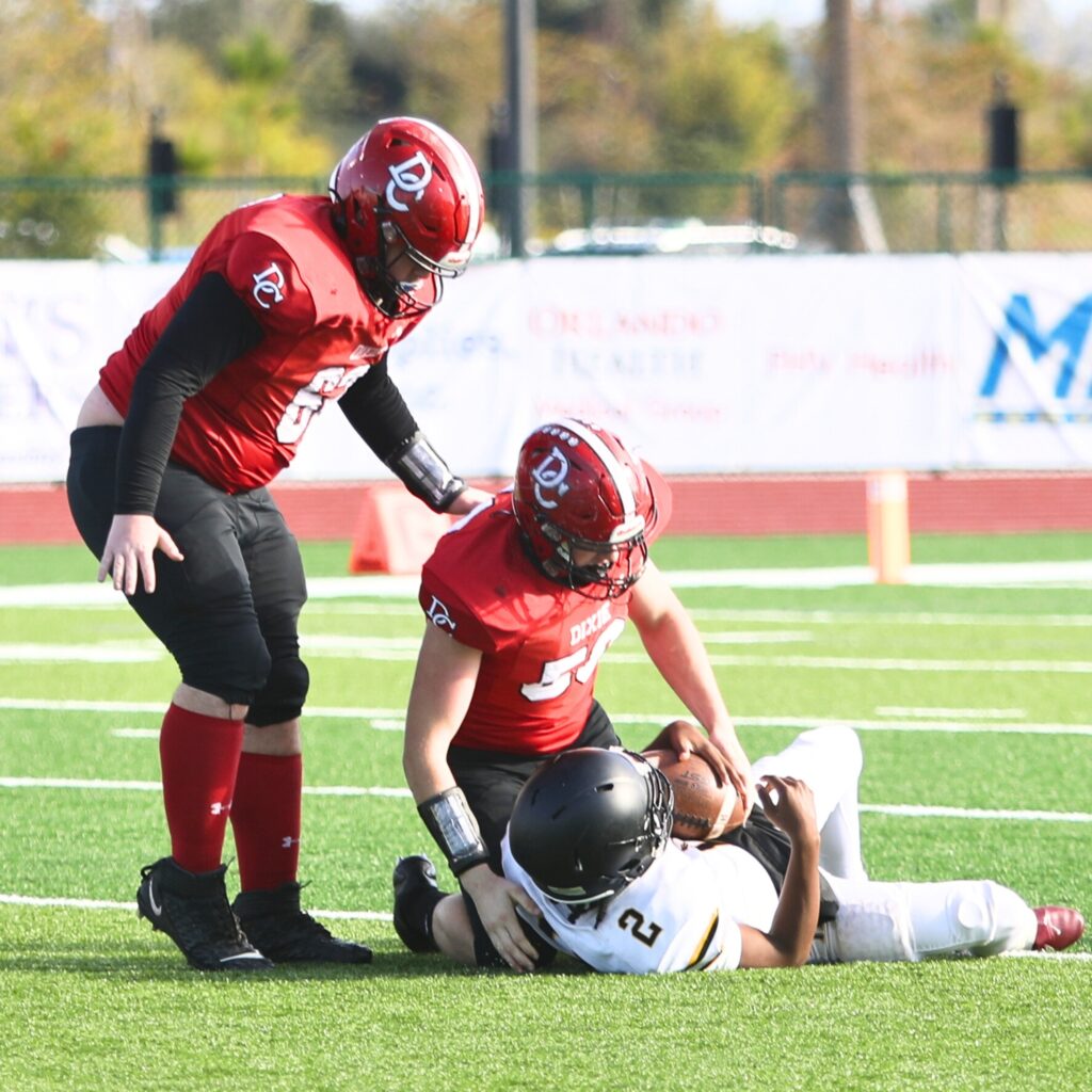 Dixie County's Lukis Medlin (59) with a third-quarter sack against Fort Meade in the Florida Rural Invitational Tournament championship game.