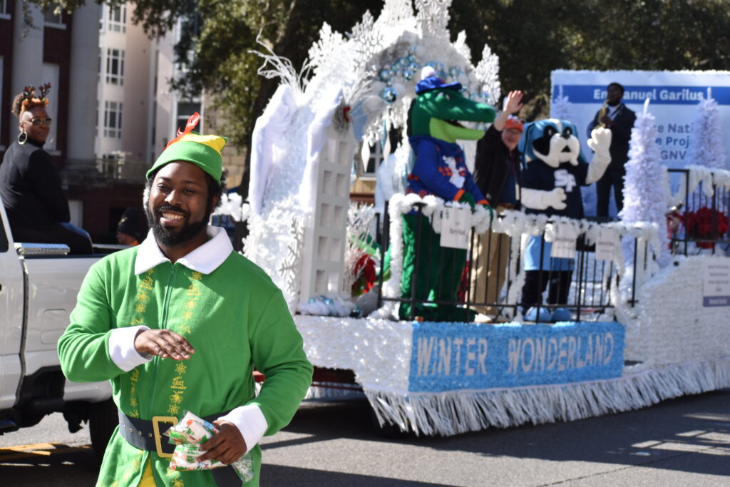 The city of Gainesville's float featured mascots from the University of Florida and Santa Fe College.