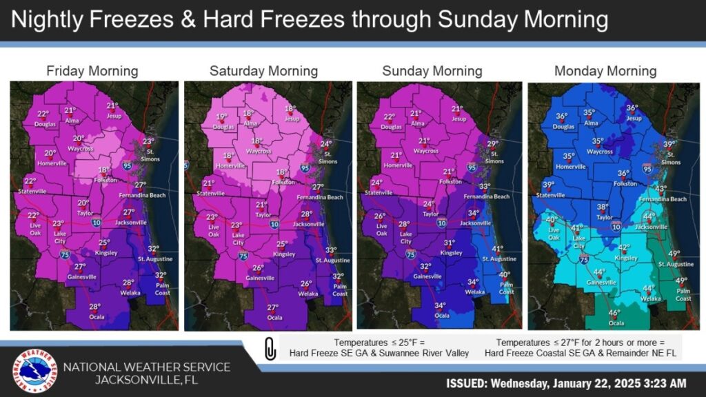Nightly freezes and hard freezes through Sunday morning, Jan. 26. Courtesy of NWS