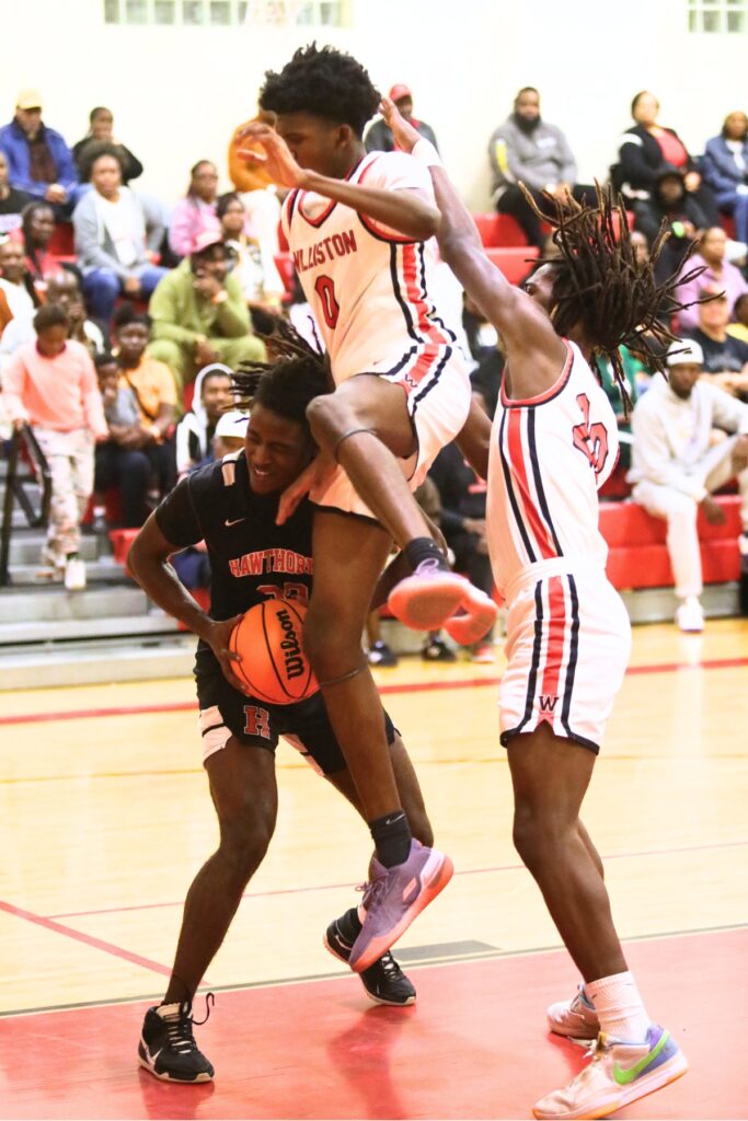 Williston's Joel Washington (0) crashes into Hawthorne's Davion Pugh (0). Photo by C.J. Gish