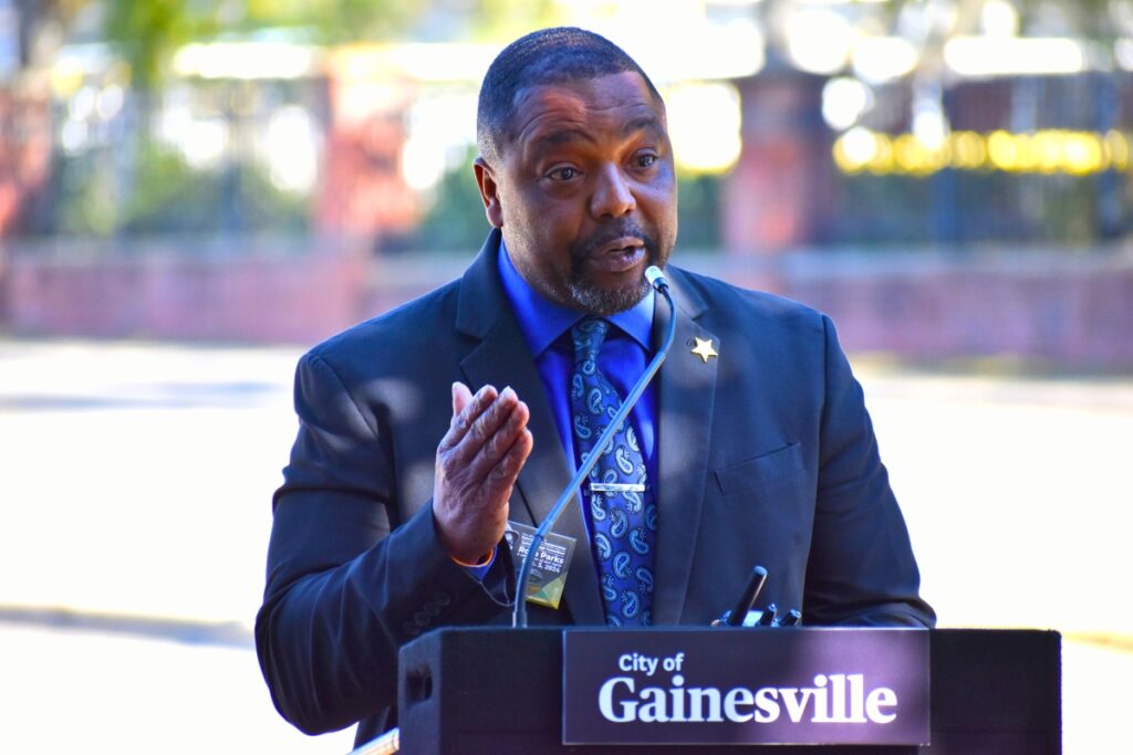 Alachua County Sheriff Chad Scott speaks at the Rosa Parks Day celebration.