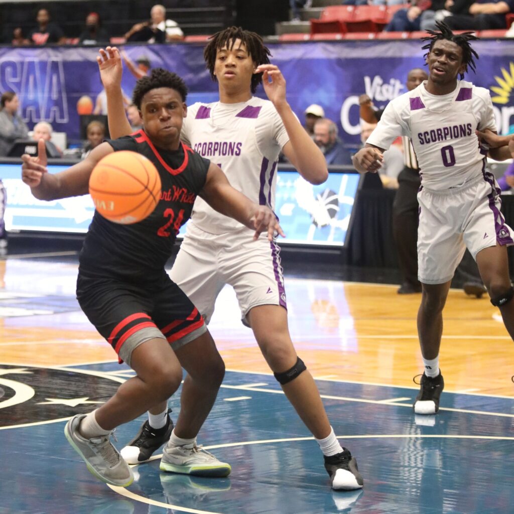 Fort White's Dreyson Lally (24) goes after a loose ball against Crossroad Academy (Quincy) in the Rural State Semifinals. Photo by C.J. Gish